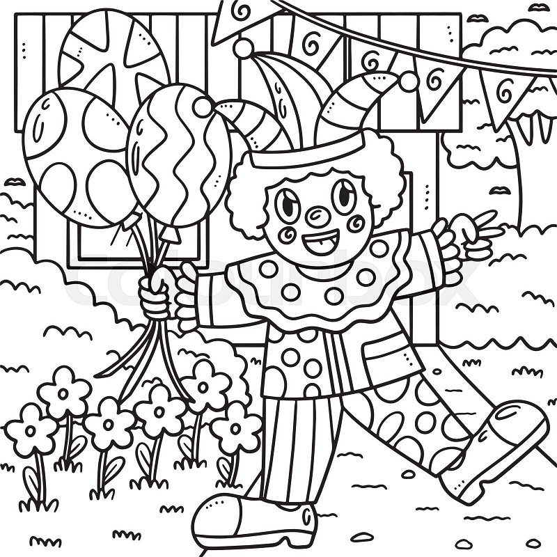 Birthday clown with balloon coloring page for kids stock vector