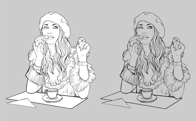 Premium vector girl drinking coffee vector black and white and drawing valentines day for coloring books isola