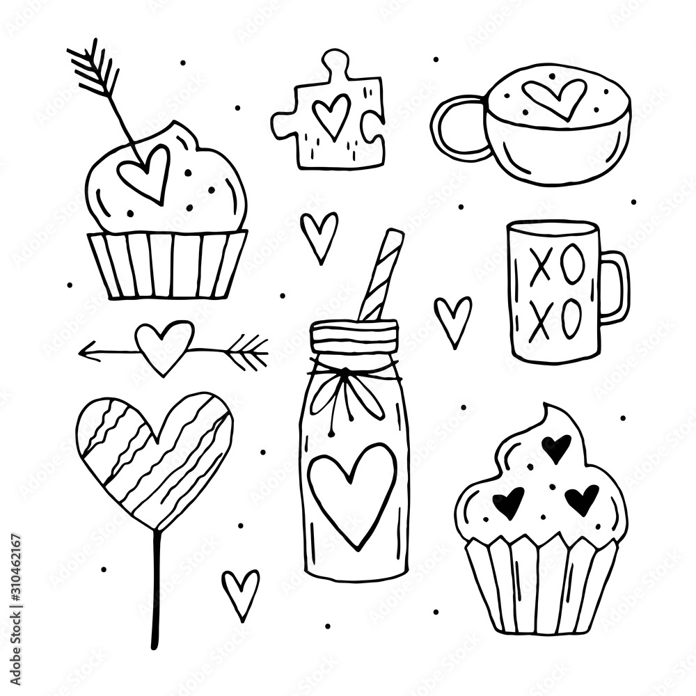 Stvalentines day set of elements clipart stickers coloring page sweets muffin arrow puzzle cocktail cup coffee tea line art hand drawn vectors vector