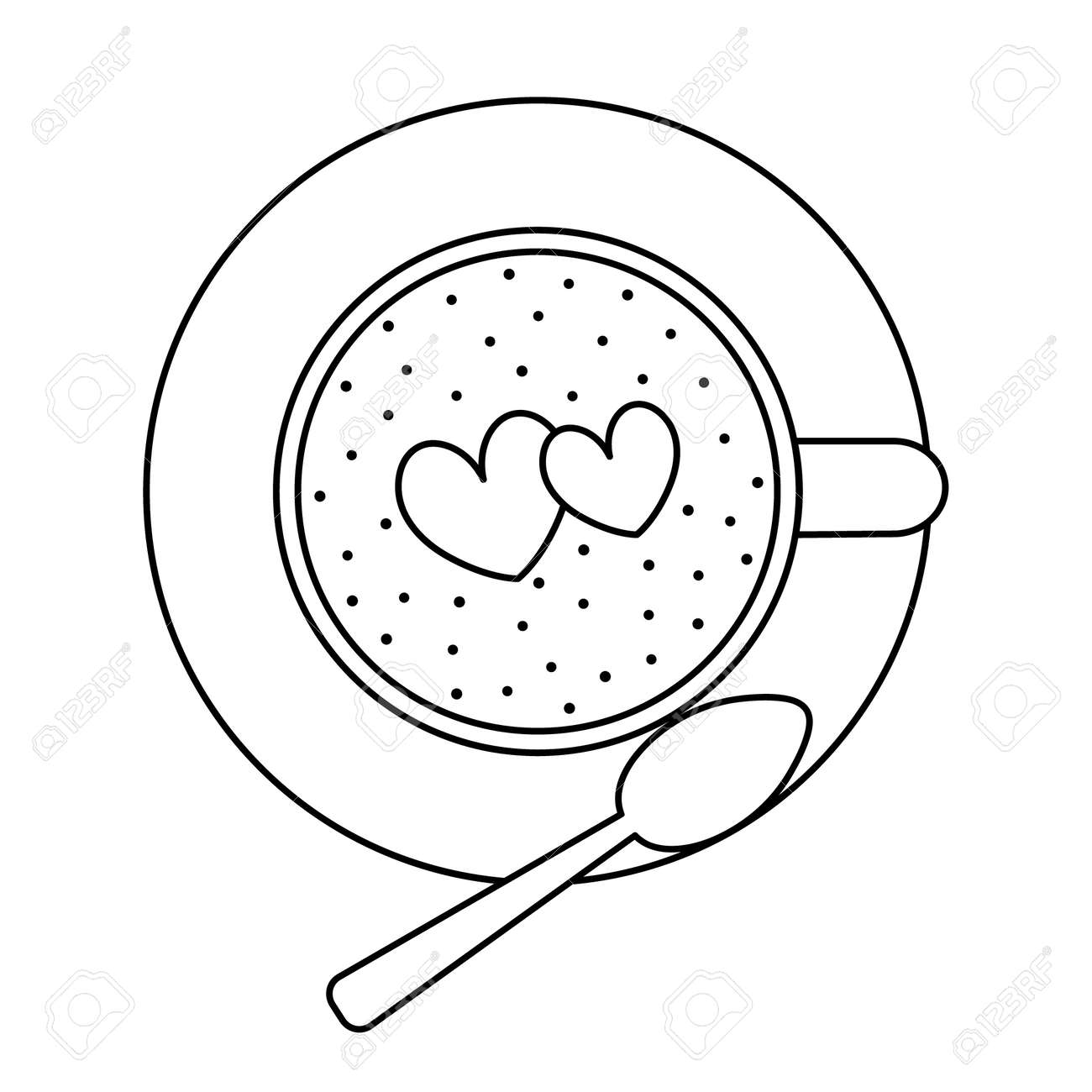 Cup of coffee view from above there is a spoon on the saucer sketch heart