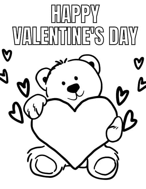 Teddy bear with heart in happy valentines day coloring page