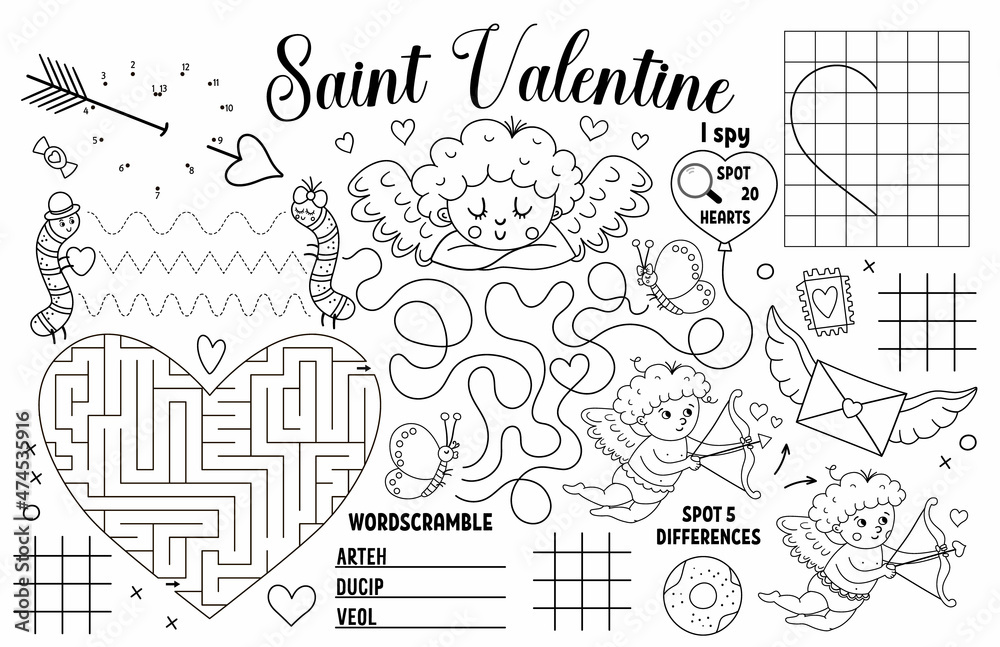 Vector saint valentine placemat for kids love holiday printable activity mat with maze tic tac toe charts connect the dots find difference black and white play mat or coloring page vector