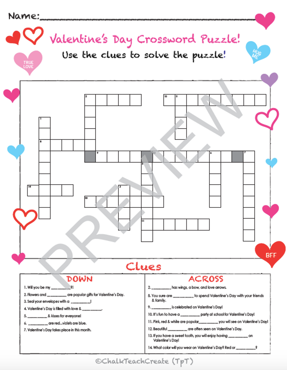 Valentines day crossword puzzle