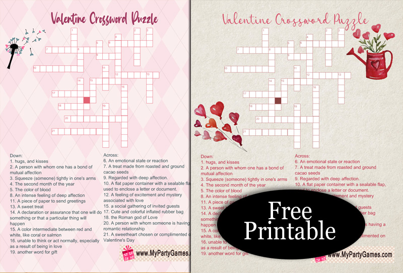 Free printable valentines day crossword puzzle with answer key