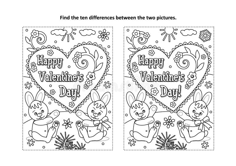 Valentines day find the differences visual puzzle and coloring page stock vector