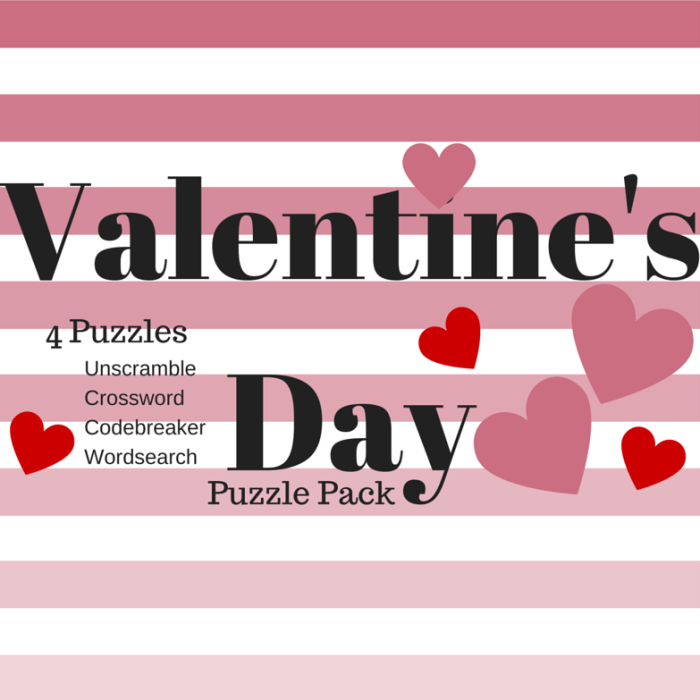 Free valentines day printable puzzle pack word search code breaker unscramble and crossword â miniature masterminds