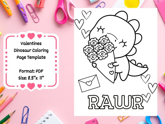 Valentines dinosaur coloring page template dinosaur valentines day coloring page printable kids valentines coloring page template