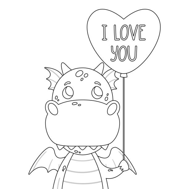 Cute dragon with balloon in shape of heart and hand drawn lettering quote i love you valentines day greeting card vector outline illustration isolated on white background for coloring page stock illustration