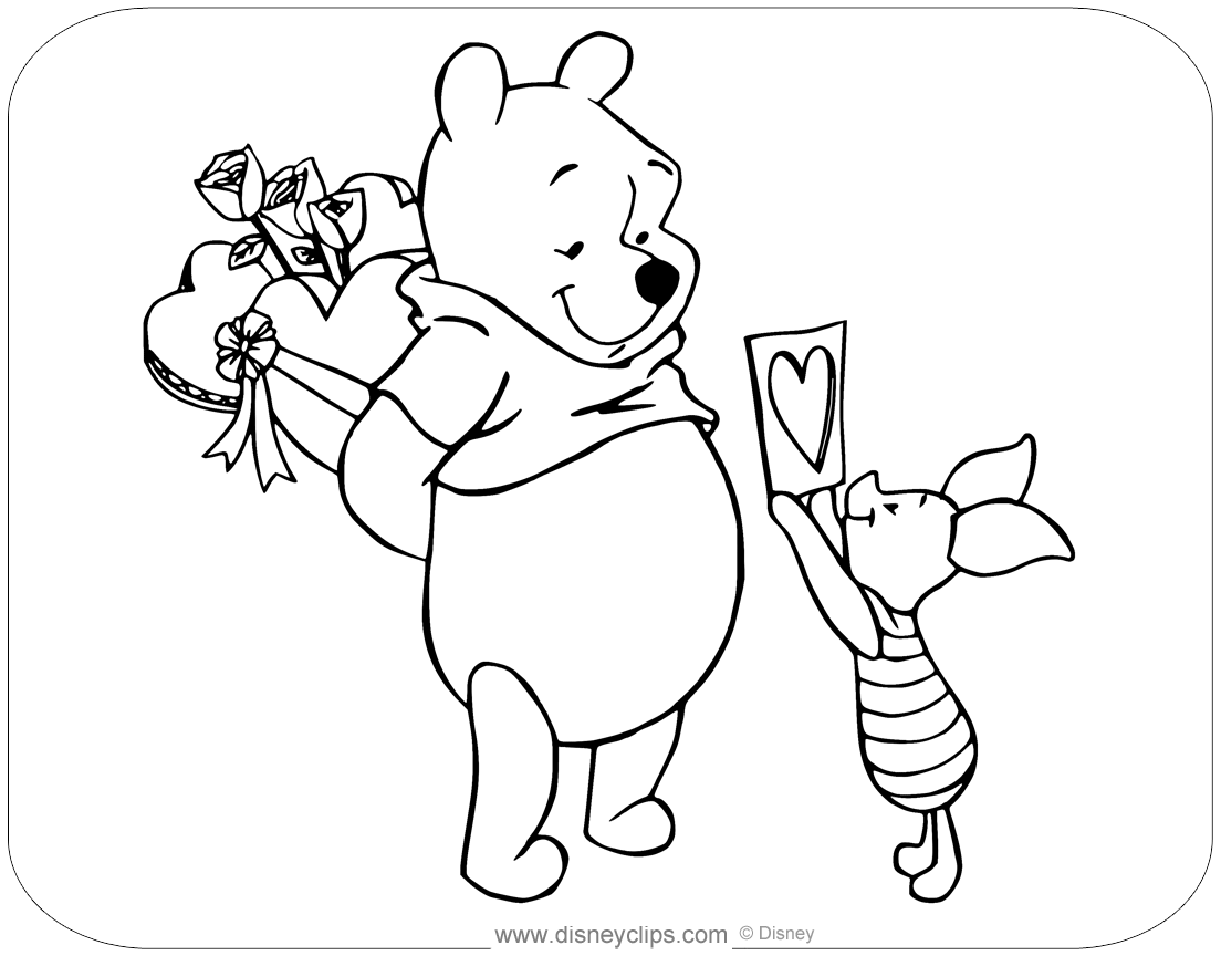 Coloring page of winnie the pooh and piglet exchanging valentines disney winniethepoâ valentine coloring pages disney valentines valentines day coloring page