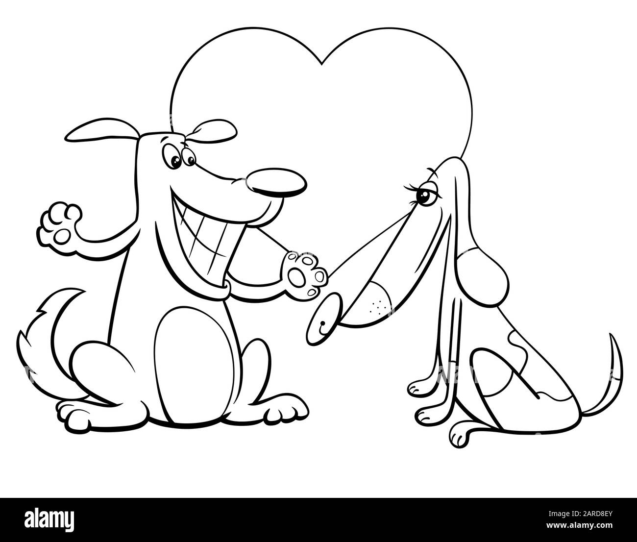 Black and white valentines day greeting card cartoon illustration with funny dog couple characters in love coloring book page stock vector image art