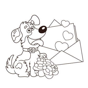 Coloring page outline of cartoon dog with flowers and letter greeting card birthday valentines day coloring book for kids vector