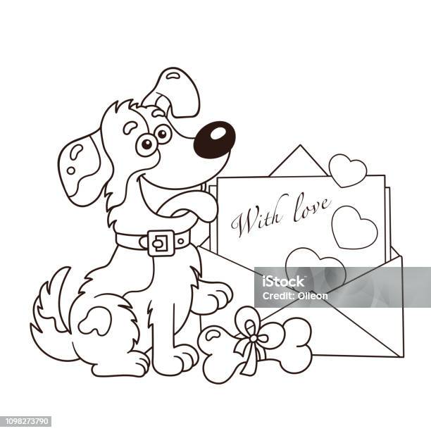 Coloring page outline of cartoon dog with letter greeting card birthday valentines day coloring book for kids stock illustration