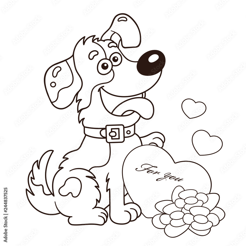 Coloring page outline of cartoon dog with flowers and heart greeting card birthday valentines day coloring book for kids vector