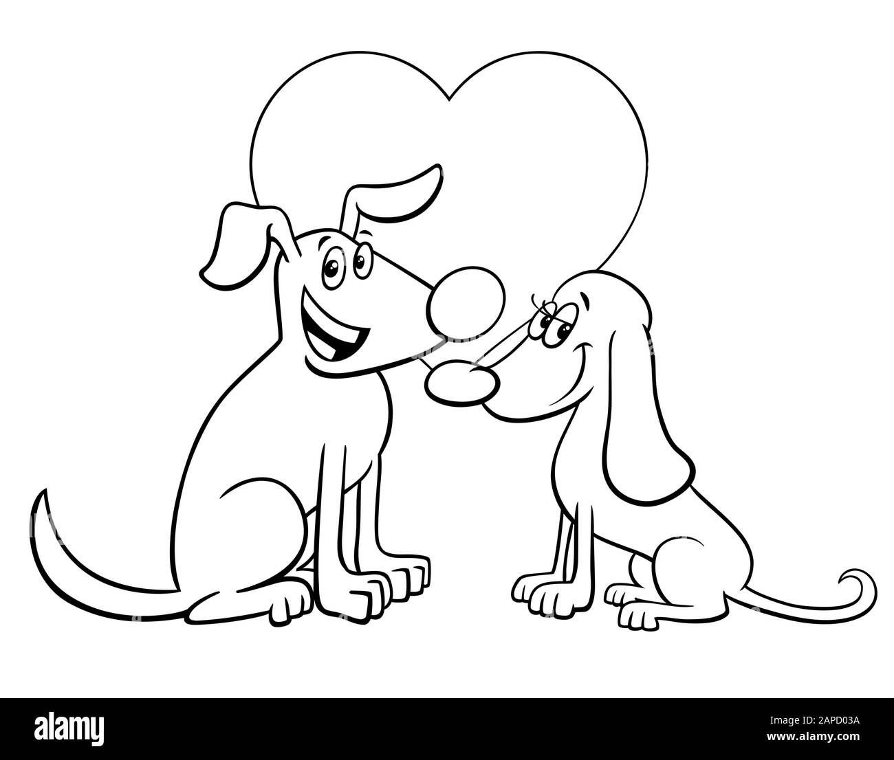 Black and white valentines day greeting card cartoon illustration with happy dog characters in love coloring book page stock vector image art