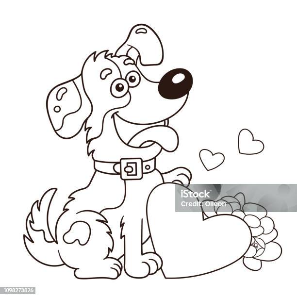 Coloring page outline of cartoon dog with flowers and heart greeting card birthday valentines day coloring book for kids stock illustration