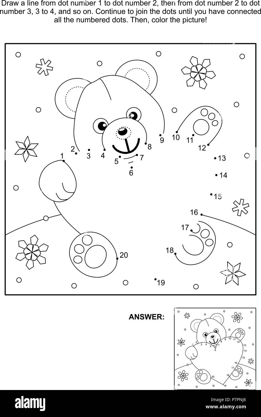 Valentines day themed connect the dots picture puzzle and coloring page with teddy bear and heart answer included stock vector image art
