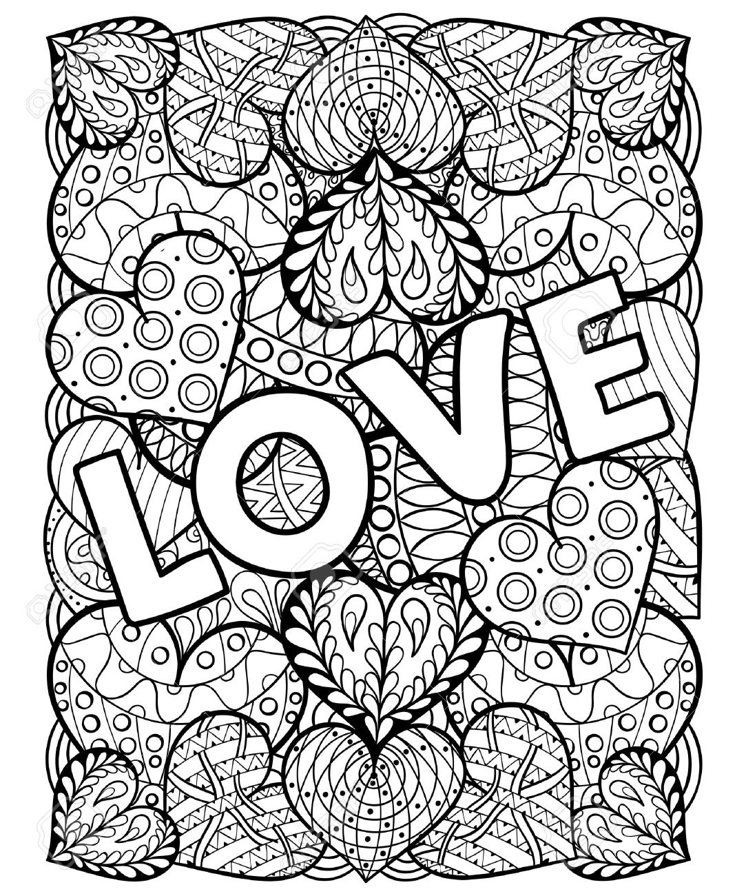 Hand drawn st valentines day artistically ornamental patterned hearts with love in doodle zentangle tribal style for adult coloring pages tattoo t