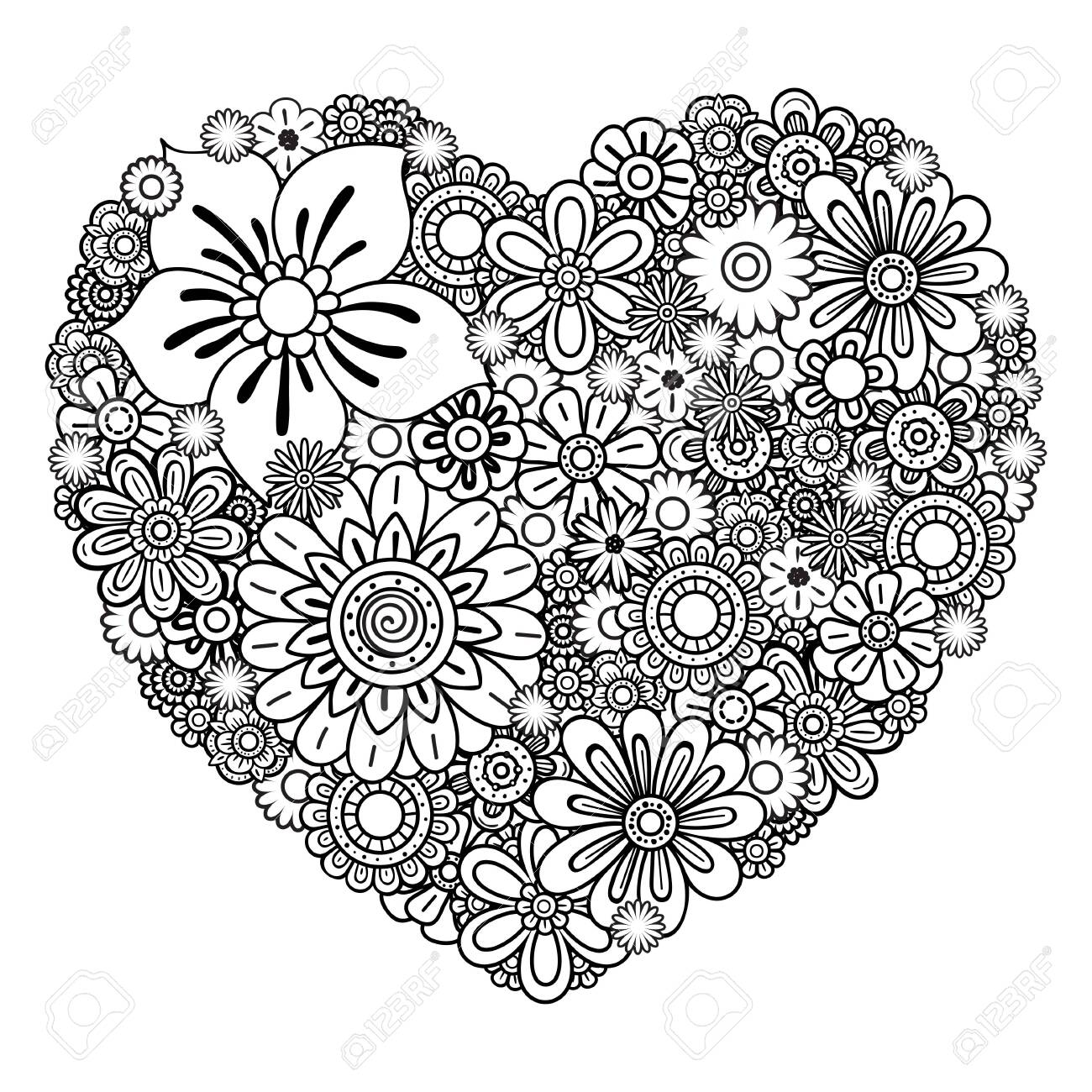 Floral heart valentines day adult coloring page vector illustration isolated on white background royalty free svg cliparts vectors and stock illustration image