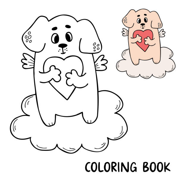 Funny winged cupid dog with heart on cloud vector illustration cute kids collection animals coloring page outline and color drawing for coloring book design decor valentines cards print stock illustration