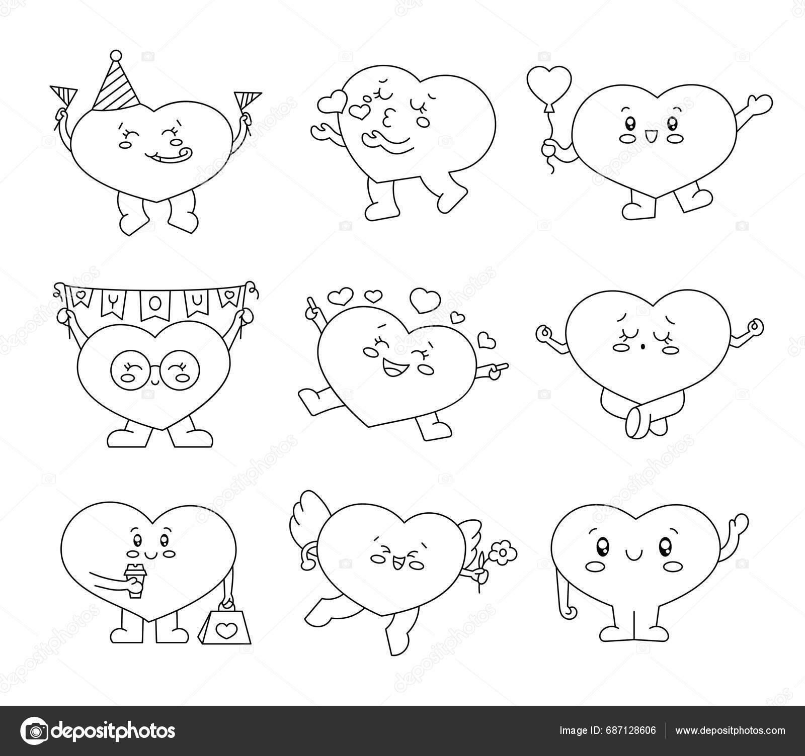 Funny cartoon heart different poses coloring page kawaii characters happy stock vector by palau