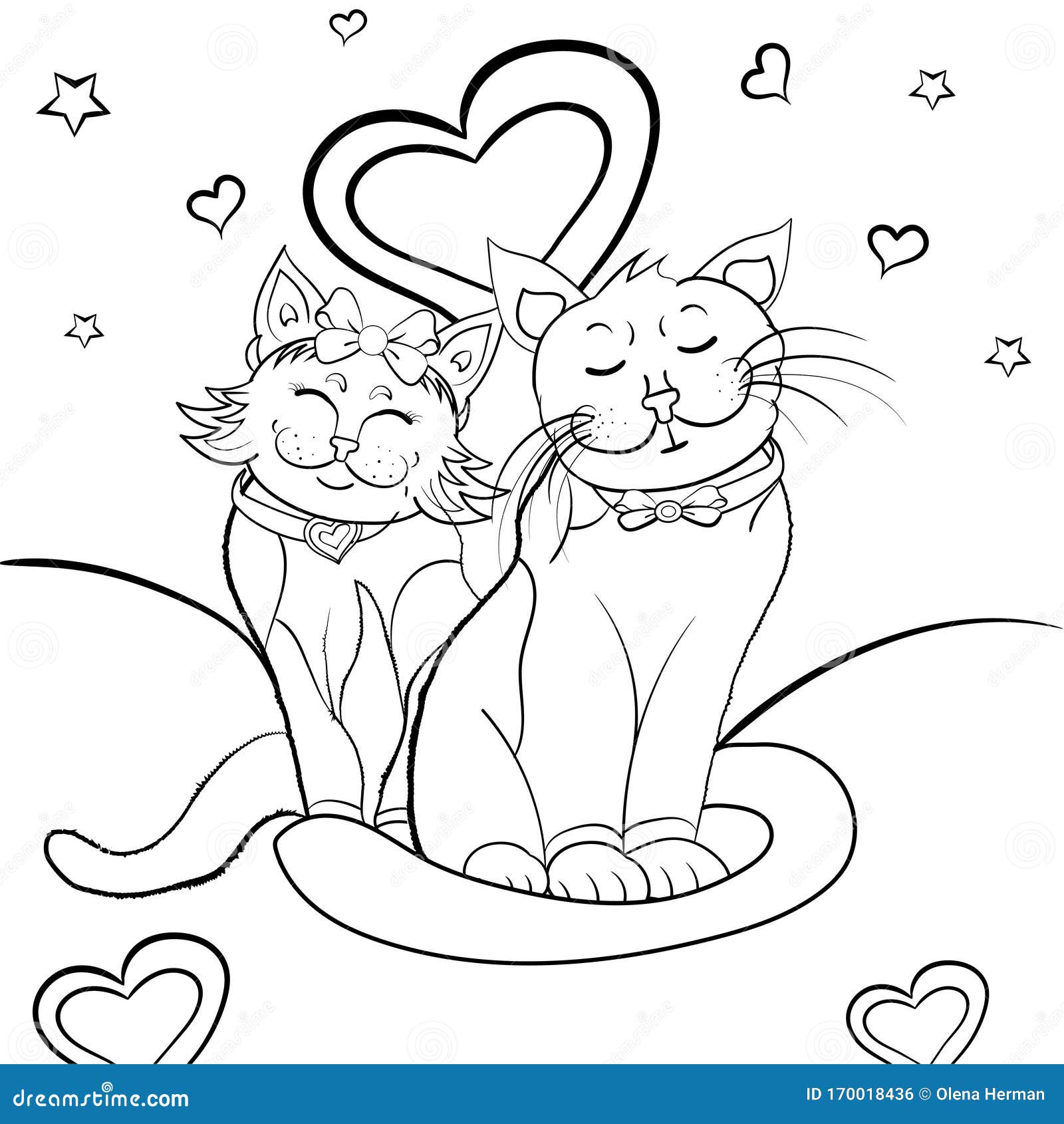 Black and white valentines day cartoon vector illustration of funny cats couple in love stock illustration