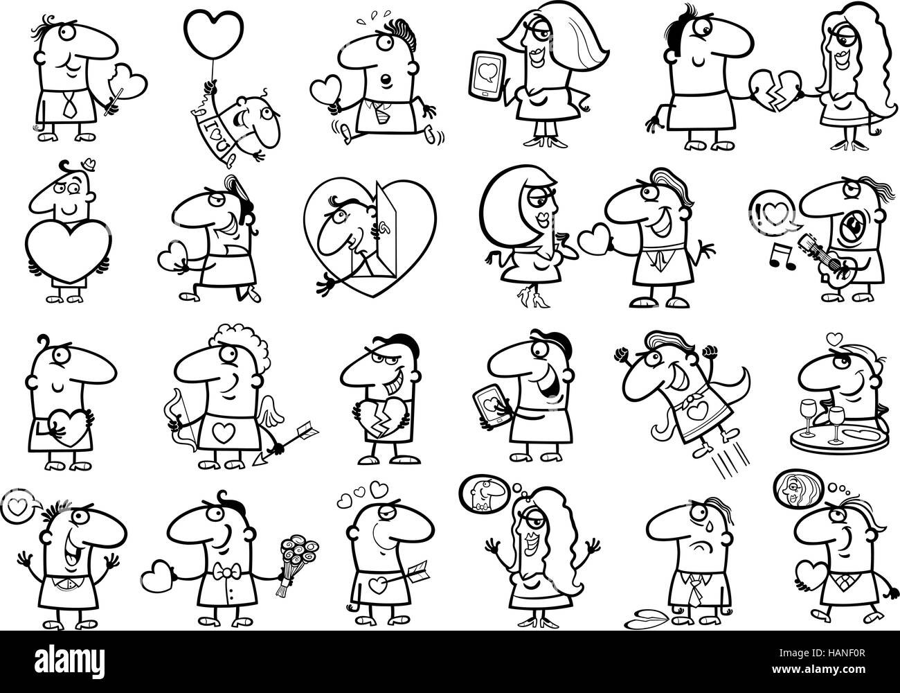 Black and white cartoon illustration of funny people on valentines day time characters set coloring page stock vector image art