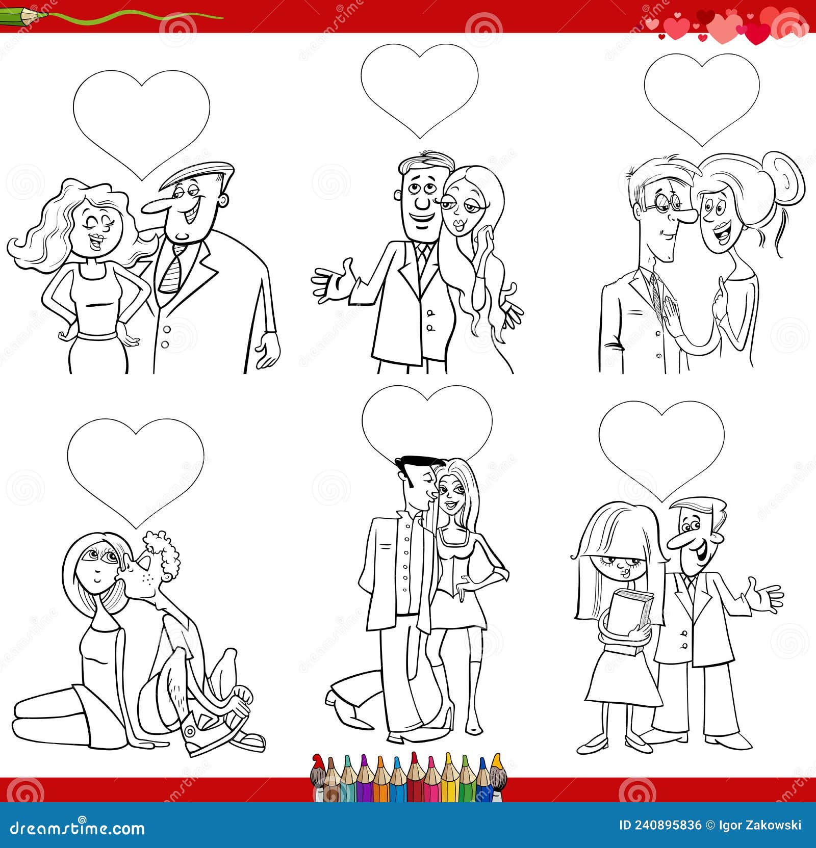 Cartoon couples in love on valentine day coloring book page stock vector