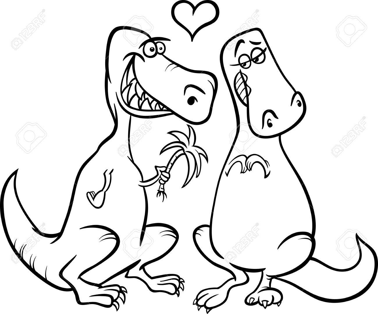 Black and white valentines day cartoon illustration of funny dinos couple in love for coloring book royalty free svg cliparts vectors and stock illustration image