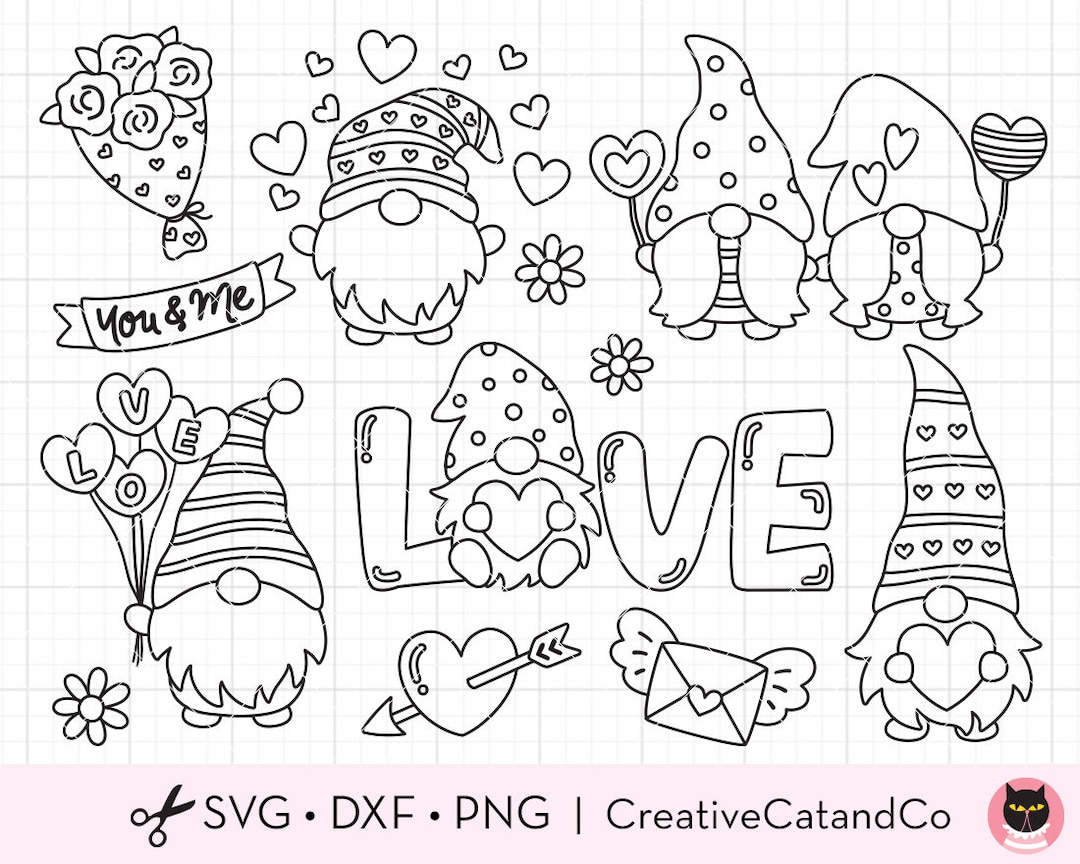 Valentine gnomes outline coloring svg png outlined gnome with heart gnome couple kid party coloring activity svg dxf png clipart