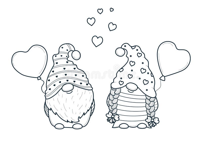 Cute valentine gnomes gnomes with balloon hearts for coloring bookline art design for kids coloring page stock illustration