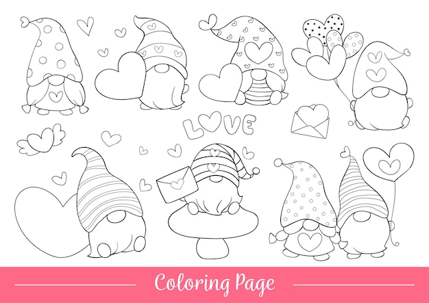 Premium vector draw coloring page of cute gnome for valentine