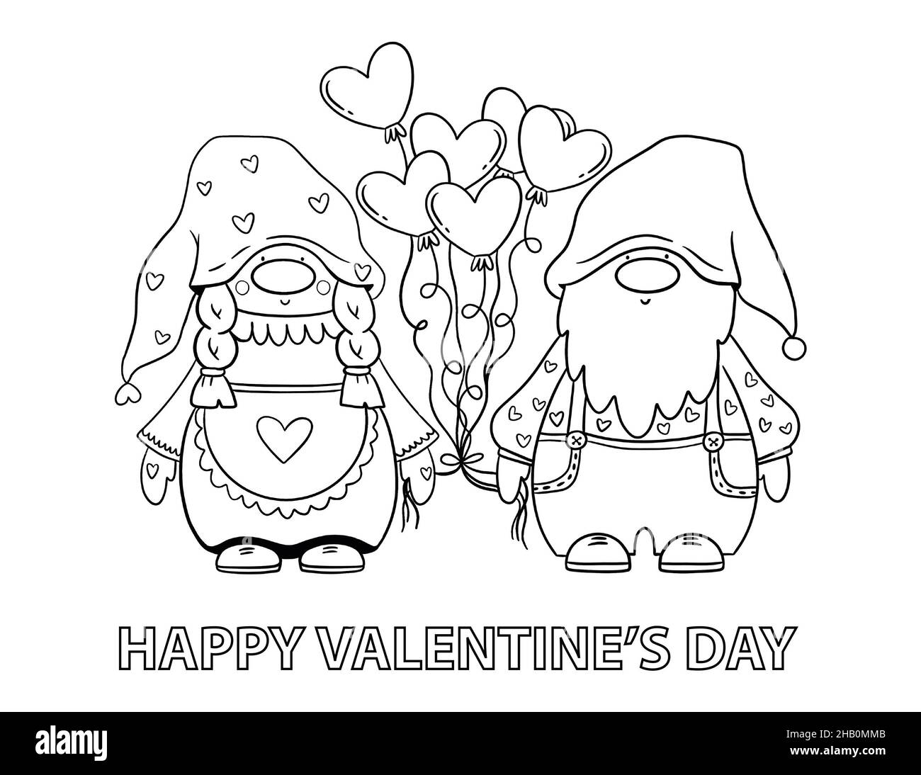 Valentines gnomes coloring book page happy valentines day coloring card for kids stock photo