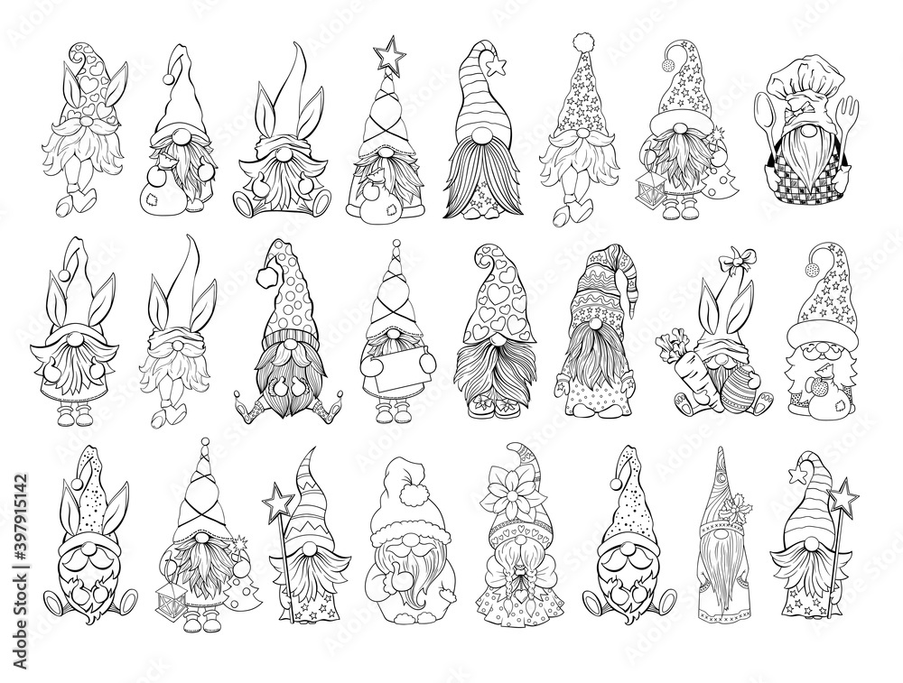 Gnomes vector bundle collection on santa hat gnomes easter and valentines day gnomies for adult coloring book and antistress pages handdrawn characters set vector