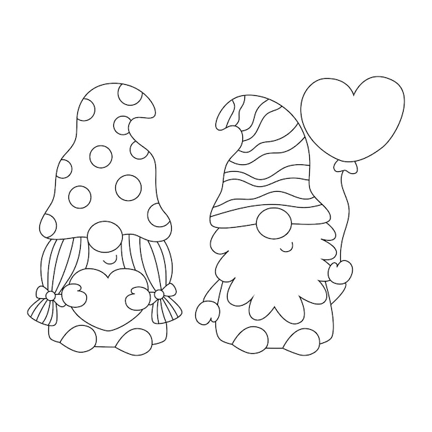 Premium vector cartoon valentine gnomes character black and white line isolated on white background