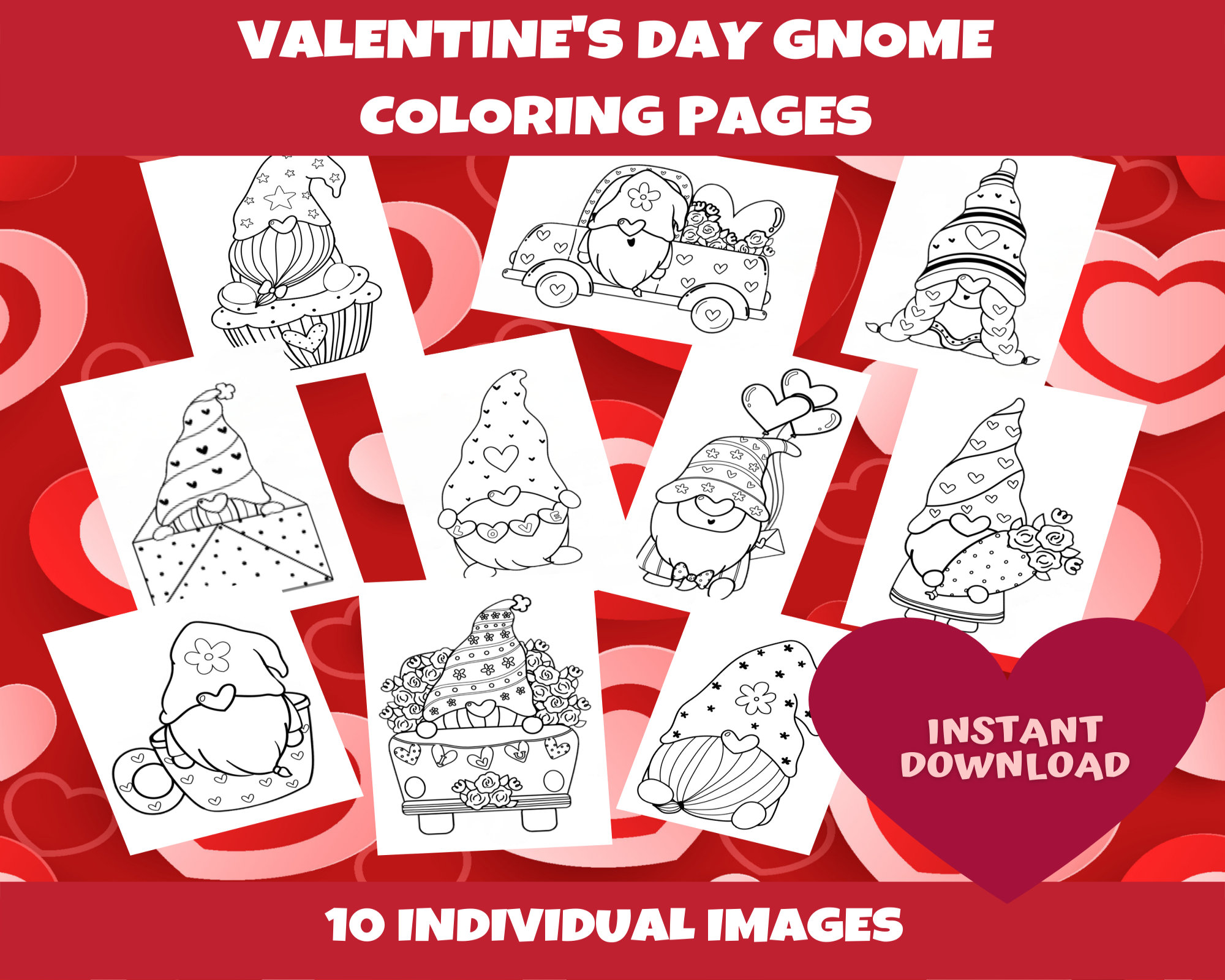 Valentines day gnome coloring sheet bundle sheets