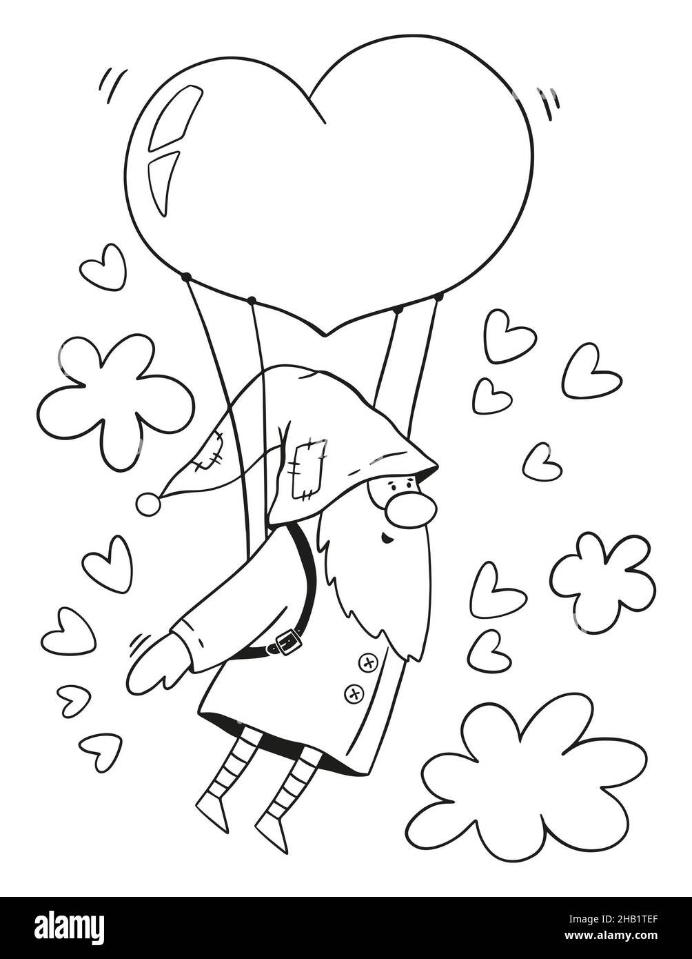 Gnome coloring page valentines day illustration for coloring book flying gnome with parachute stock photo