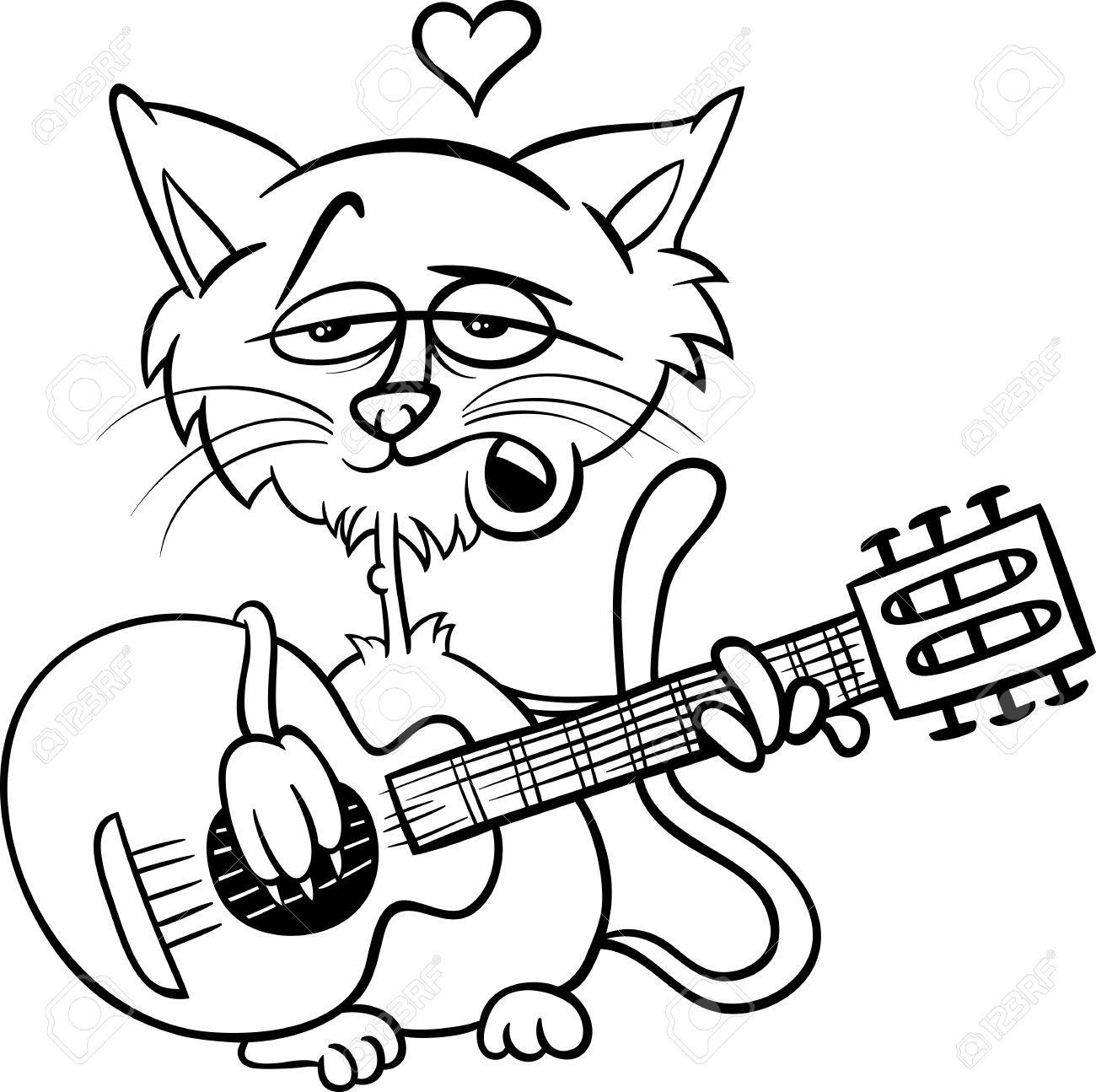 Black and white valentines day cartoon illustration of funny cat in love playing the guitar and singing for coloring book royalty free svg cliparts vectors and stock illustration image