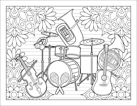 Coloring pages set of different coloring pages musical instruments adult coloring pages digital download