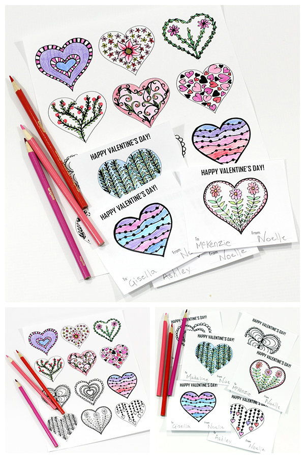 Hearts coloring page and valentines day cards