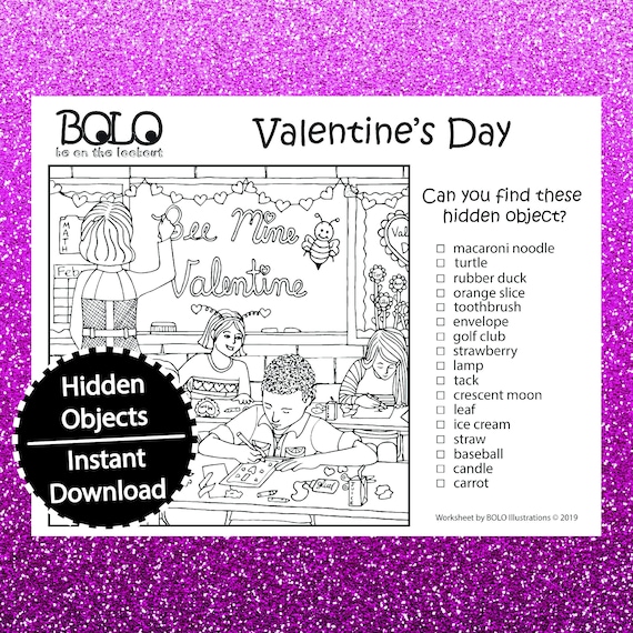 Hidden objects valentines day bee mine bolo be on the look out coloring page activities games puzzles search and find