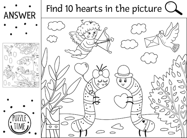 Premium vector vector saint valentine day black and white searching game with cute caterpillars in the garden find hidden hearts in the picture simple outline educational holiday printable activity for kids