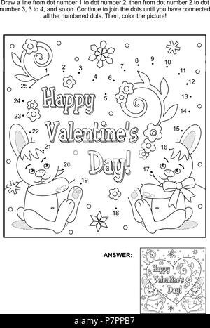 Valentines day themed connect the dots picture puzzle and coloring page with teddy bear and heart answer included stock vector image art