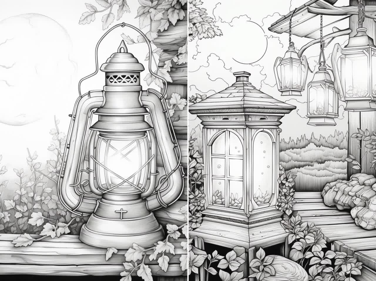 Greyscale cozy cottage lantern coloring book printable adult coloring pagesgrayscale cottage lantern image to color download now