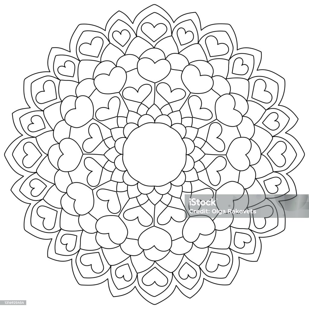 Contour mandala with hearts simple valentines day coloring page stock illustration