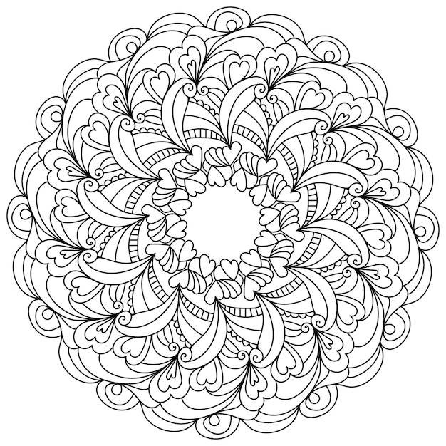 Premium vector outline zen mandala of patterns and hearts valentines day coloring page in the shape of a round