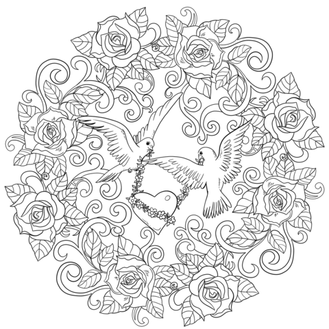 St valentine mandala with two doves and heart coloring page free printable coloring pages