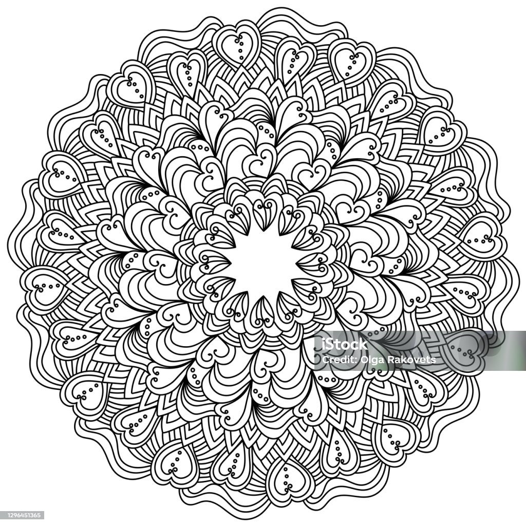 Ornate mandala with hearts for valentines day antistress coloring page in round frame shape with tangles stock illustration