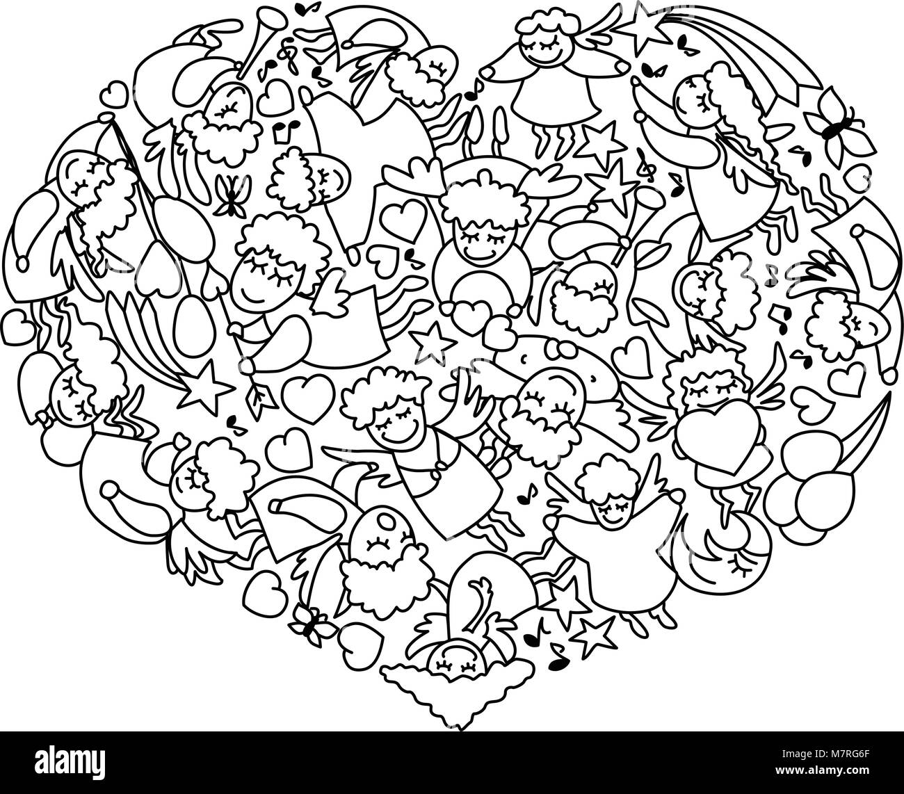 Coloring page with heart from black white angels and cupids card for valentines day line art stock vector image art