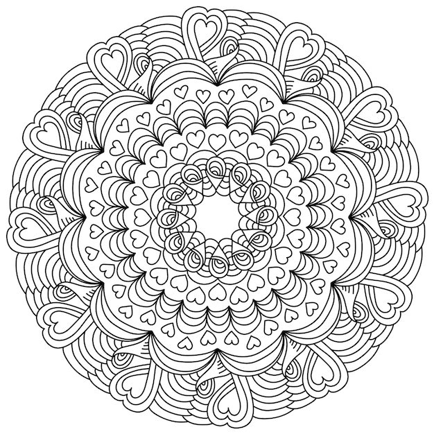 Premium vector symmetrical mandala with hearts and curls anti stress coloring page for valentines day