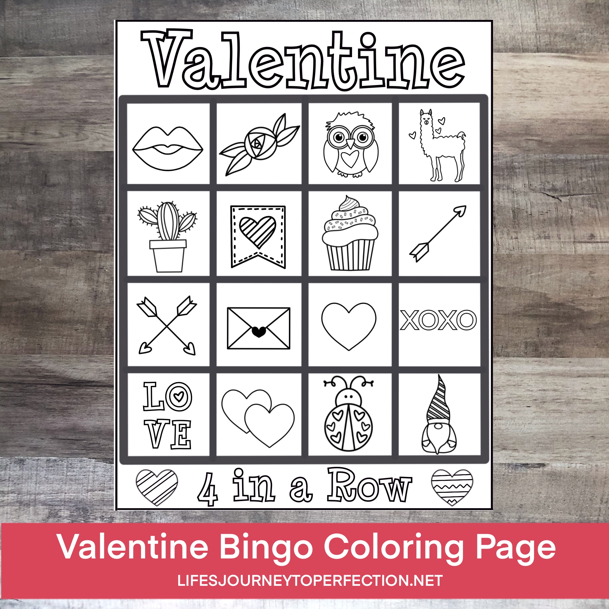Lifes journey to perfection color and play valentine in a row bingo